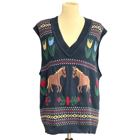 Free People Navy Horse Isles Knit Sweater Vest Medium Equestrian Cottage EUC - Picture 3 of 13